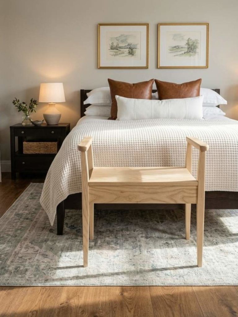 Ash stool at the foot of a bed