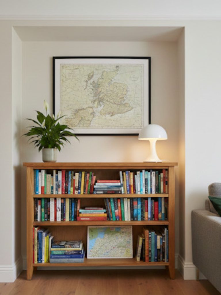 Bespoke low bookcase designed for a recessed alcove.