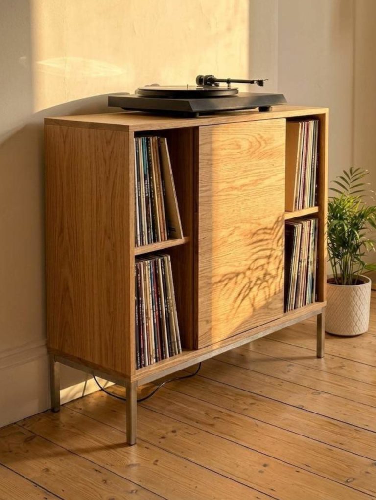 Solid oak record cabinet with vinyl storage and door, handcrafted by Birbeck Furniture in Edinburgh